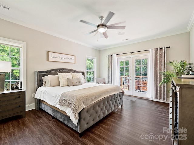 bedroom featuring visible vents, dark wood-style floors, access to exterior, and french doors