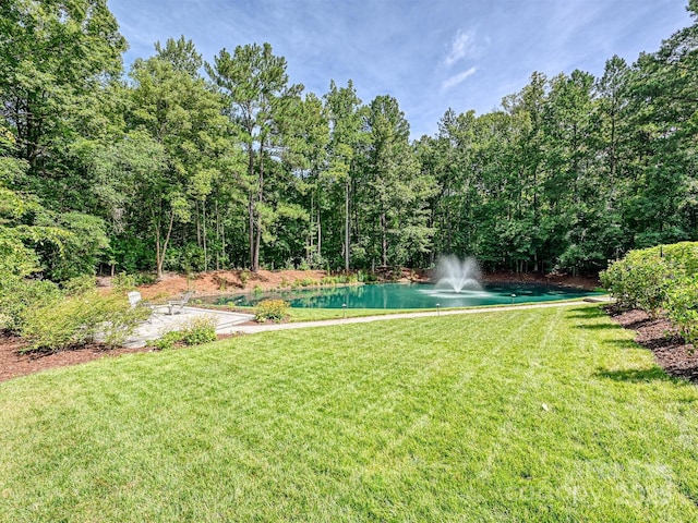 view of yard featuring a view of trees and a water view