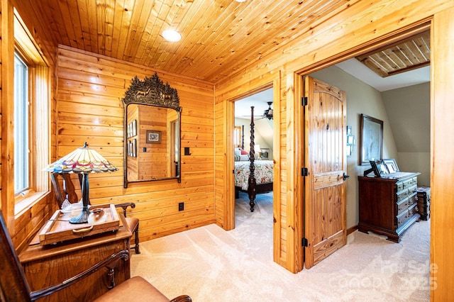 hallway featuring wood walls and carpet
