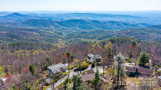drone / aerial view with a forest view and a mountain view
