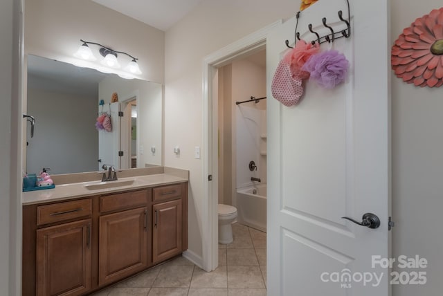 bathroom with shower / bathtub combination, vanity, tile patterned flooring, and toilet
