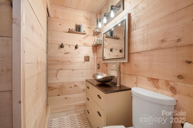 3190 Holly Rd, Connelly Springs, NC 28612 - half bath featuring wooden walls, vanity, and wood ceiling