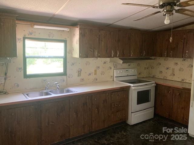 314 Phillips Dr, Forest City, NC 28043 - kitchen with white range with electric cooktop, a sink, under cabinet range hood, ceiling fan, and light countertops
