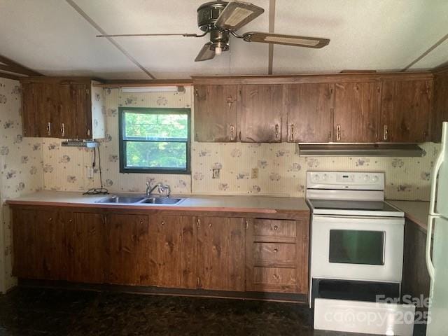 314 Phillips Dr, Forest City, NC 28043 - kitchen featuring white appliances, under cabinet range hood, a sink, wallpapered walls, and ceiling fan
