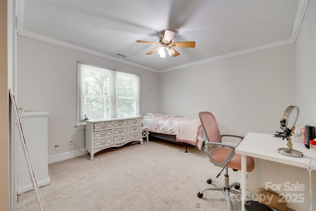 bedroom with ceiling fan, light colored carpet, crown molding, visible vents, and baseboards