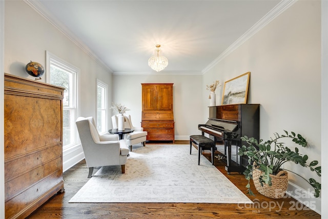 7122 Forest Ridge Rd, Matthews, NC 28104 - living area featuring dark wood-type flooring, ornamental molding, and a healthy amount of sunlight
