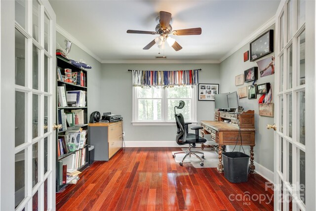 7122 Forest Ridge Rd, Matthews, NC 28104 - office area featuring french doors, a ceiling fan, baseboards, and hardwood / wood-style flooring