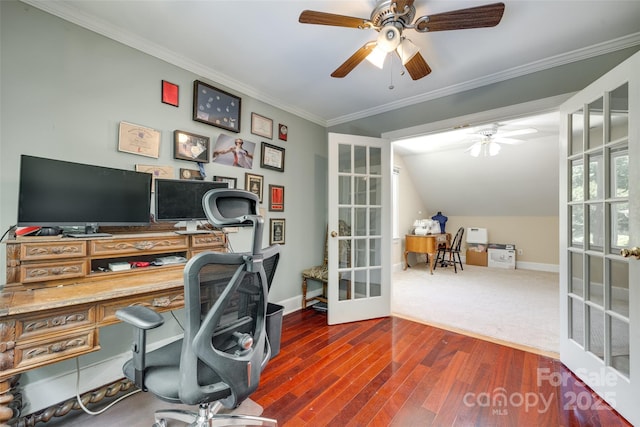 7122 Forest Ridge Rd, Matthews, NC 28104 - home office with ornamental molding, wood finished floors, baseboards, ceiling fan, and french doors