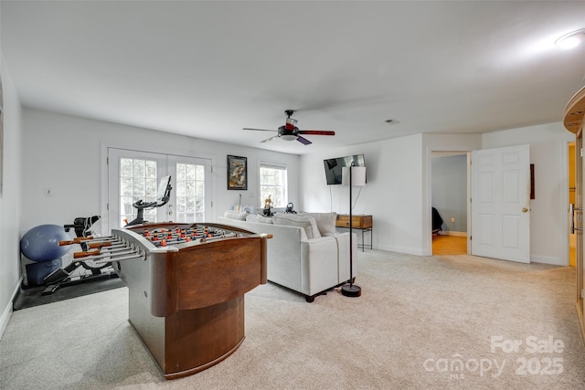 7122 Forest Ridge Rd, Matthews, NC 28104 - game room with ceiling fan, light colored carpet, baseboards, and visible vents