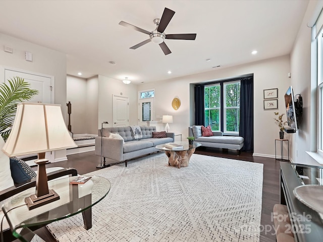12641 Glowing Peak Rd, Huntersville, NC 28078 - living area with ceiling fan, visible vents, baseboards, dark wood-style floors, and recessed lighting
