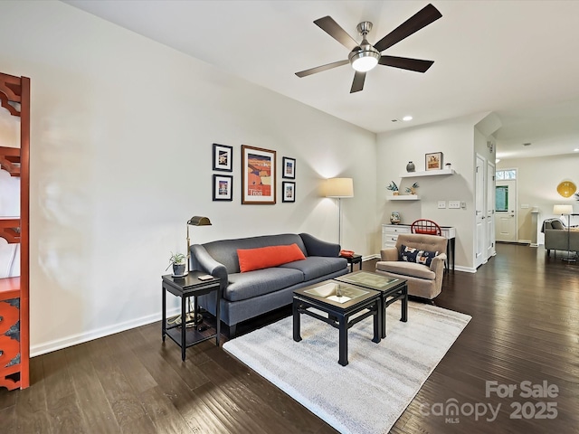 12641 Glowing Peak Rd, Huntersville, NC 28078 - living area with baseboards, recessed lighting, ceiling fan, and hardwood / wood-style flooring