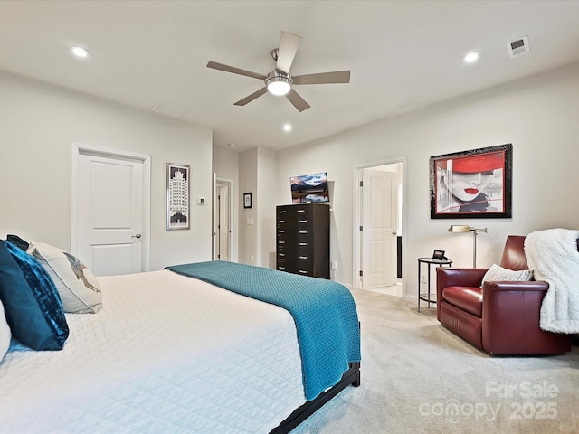 12641 Glowing Peak Rd, Huntersville, NC 28078 - bedroom with light carpet, a ceiling fan, recessed lighting, and visible vents