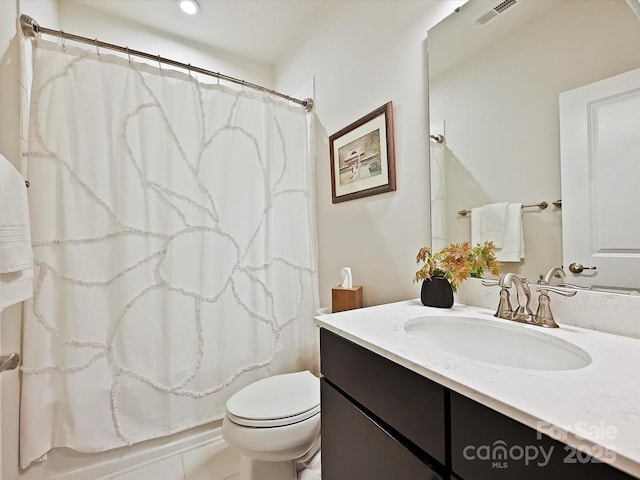 12641 Glowing Peak Rd, Huntersville, NC 28078 - bathroom with vanity, shower / bath combination with curtain, toilet, and visible vents