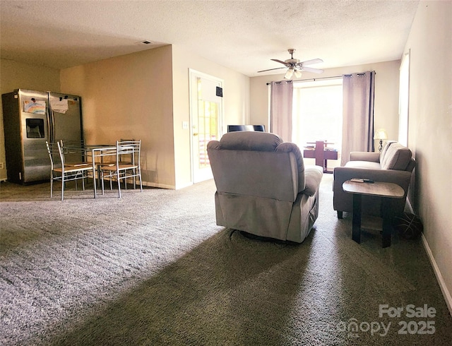 6234 Rosecroft Dr, Charlotte, NC 28215 - living room with carpet floors, a textured ceiling, a ceiling fan, and baseboards