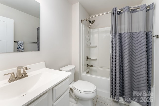 bathroom with tile patterned floors, shower / bath combo, toilet, and vanity