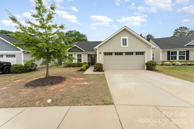 view of front facade featuring concrete driveway, a garage, and a front lawn