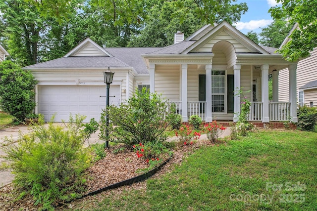 11913 Little Stoney Ct, Charlotte, NC 28269 - view of front of house with an attached garage, roof with shingles, a chimney, concrete driveway, and a porch
