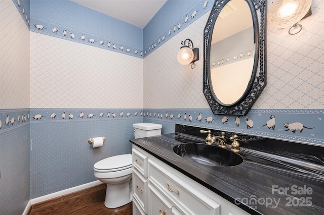2643 Rolling Hills Dr, Monroe, NC 28110 - bathroom featuring wallpapered walls, wood finished floors, vanity, and toilet