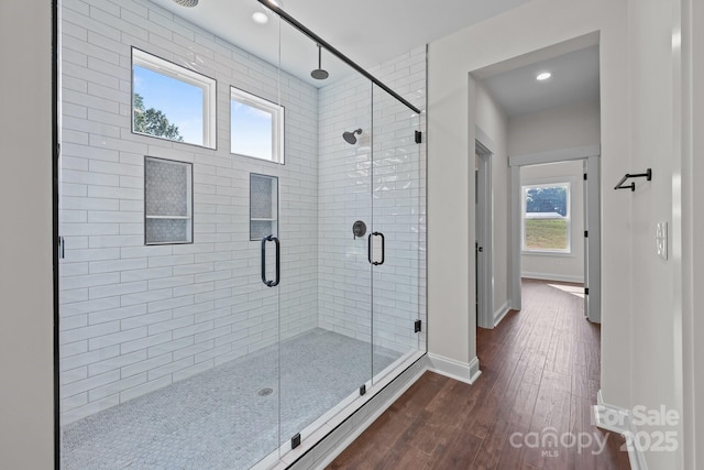 4034 Daugherty Rd, China Grove, NC 28023 - full bath with a stall shower, wood finished floors, and recessed lighting