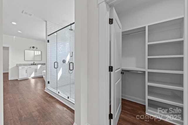 4034 Daugherty Rd, China Grove, NC 28023 - bathroom featuring a stall shower, wood finished floors, a walk in closet, and vanity
