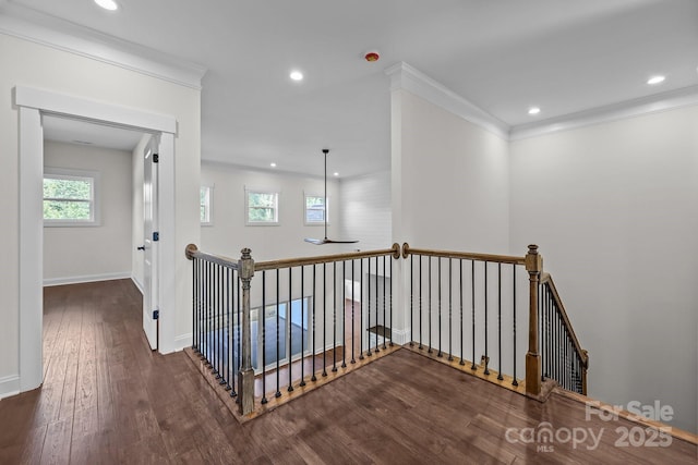 4034 Daugherty Rd, China Grove, NC 28023 - hallway featuring an upstairs landing, wood finished floors, recessed lighting, and ornamental molding