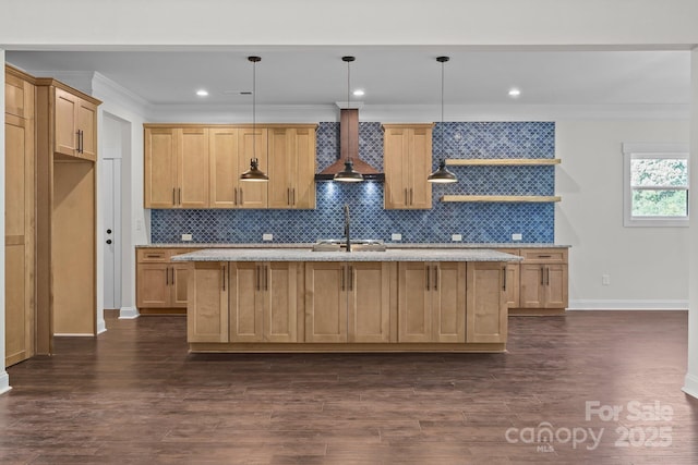 4034 Daugherty Rd, China Grove, NC 28023 - kitchen with wall chimney exhaust hood, a kitchen island with sink, backsplash, dark wood-type flooring, and ornamental molding