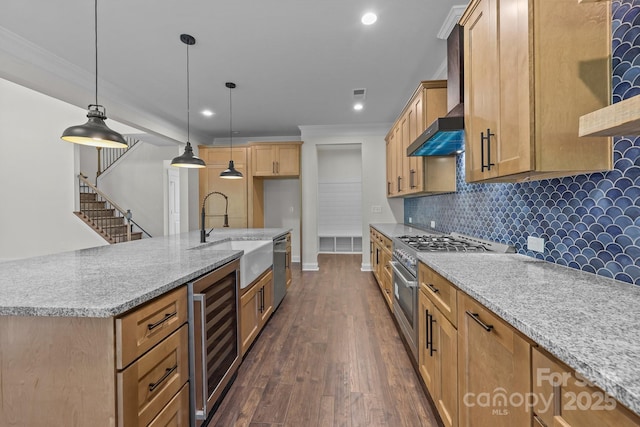 4034 Daugherty Rd, China Grove, NC 28023 - kitchen featuring wine cooler, appliances with stainless steel finishes, dark wood-style flooring, light stone counters, and backsplash