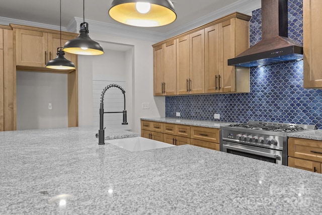 4034 Daugherty Rd, China Grove, NC 28023 - kitchen with wall chimney exhaust hood, high end stove, tasteful backsplash, crown molding, and pendant lighting