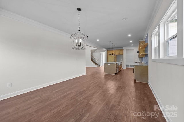 4034 Daugherty Rd, China Grove, NC 28023 - unfurnished living room with a chandelier, crown molding, stairs, recessed lighting, and dark wood finished floors