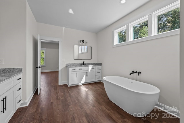 4034 Daugherty Rd, China Grove, NC 28023 - full bathroom with vanity, a freestanding bath, and wood finished floors