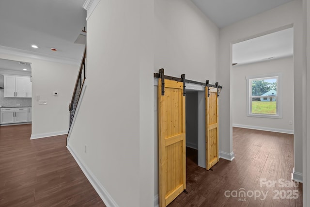 4040 Daugherty Rd, China Grove, NC 28023 - hall with dark wood finished floors, a barn door, and recessed lighting