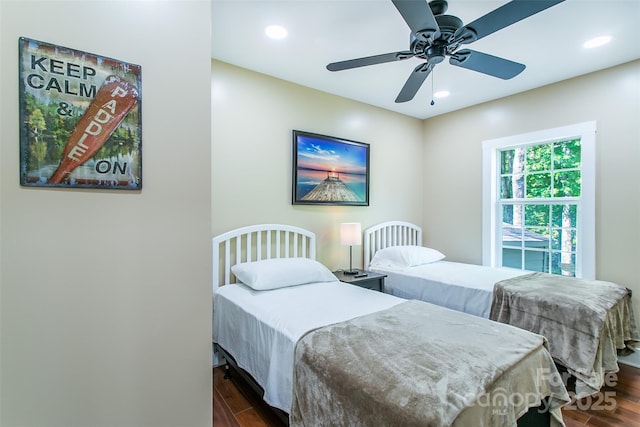 115 Cold Springs Dr, Mill Spring, NC 28756 - bedroom with dark wood-style floors, recessed lighting, and ceiling fan