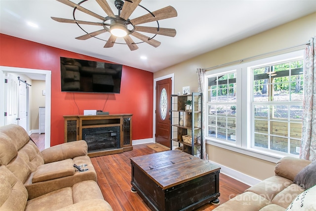 115 Cold Springs Dr, Mill Spring, NC 28756 - living room featuring ceiling fan, wood finished floors, baseboards, and recessed lighting