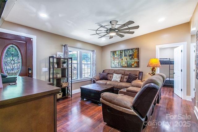 115 Cold Springs Dr, Mill Spring, NC 28756 - living area featuring ceiling fan, plenty of natural light, dark wood finished floors, baseboards, and vaulted ceiling