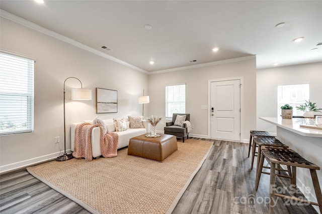 13210 Kenworth Rd, Charlotte, NC 28278 - living area featuring dark wood-style floors, crown molding, and recessed lighting
