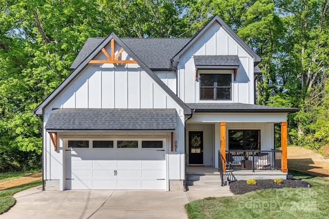 1 Linestowe Dr, Belmont, NC 28012 - modern inspired farmhouse featuring board and batten siding, an attached garage, a porch, and a shingled roof
