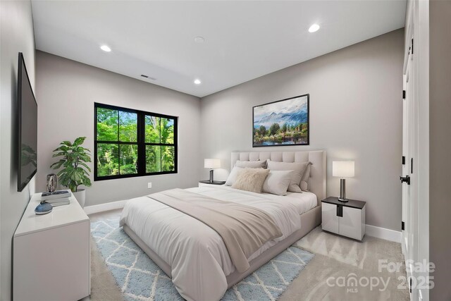1 Linestowe Dr, Belmont, NC 28012 - bedroom featuring visible vents, light carpet, baseboards, and recessed lighting