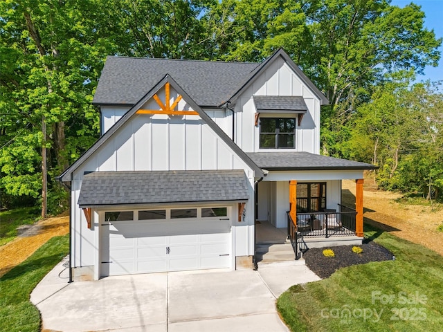 1 Linestowe Dr, Belmont, NC 28012 - modern farmhouse with board and batten siding, a shingled roof, and covered porch