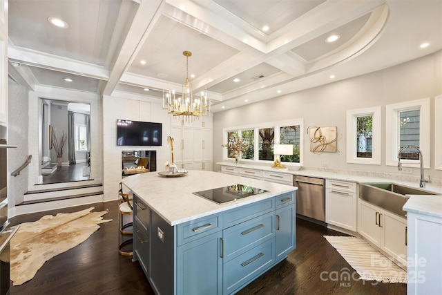 423 N Pine St, Charlotte, NC 28202 - kitchen with stainless steel dishwasher, beam ceiling, black electric stovetop, a sink, and coffered ceiling