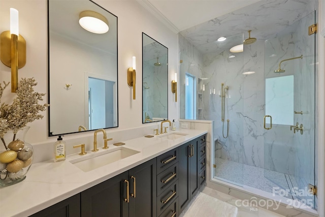 423 N Pine St, Charlotte, NC 28202 - full bath featuring crown molding, a sink, a marble finish shower, and double vanity
