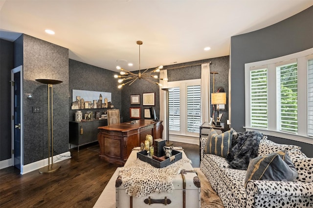 423 N Pine St, Charlotte, NC 28202 - interior space with baseboards, wallpapered walls, dark wood finished floors, and a notable chandelier