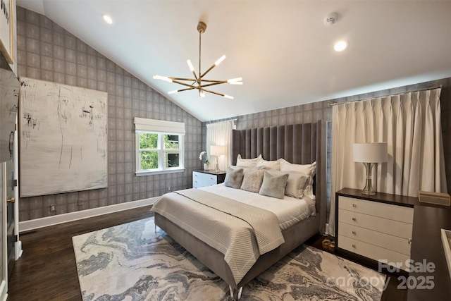 423 N Pine St, Charlotte, NC 28202 - bedroom with an inviting chandelier, wood finished floors, lofted ceiling, and wallpapered walls