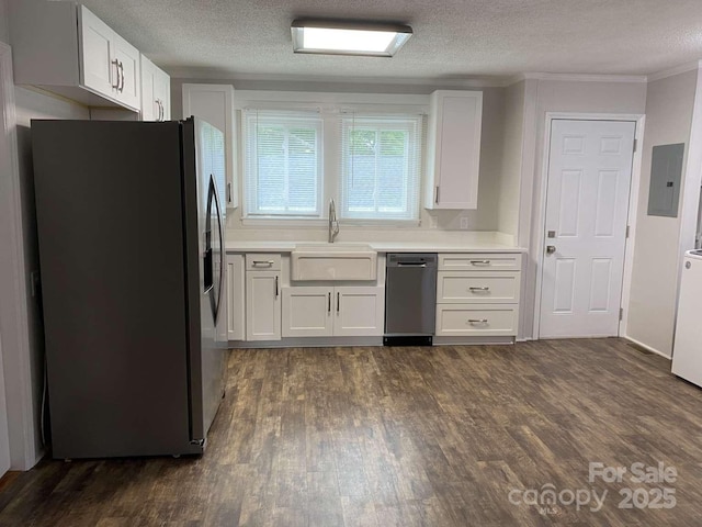 kitchen featuring a sink, stainless steel refrigerator with ice dispenser, white cabinetry, dark wood-type flooring, and dishwashing machine