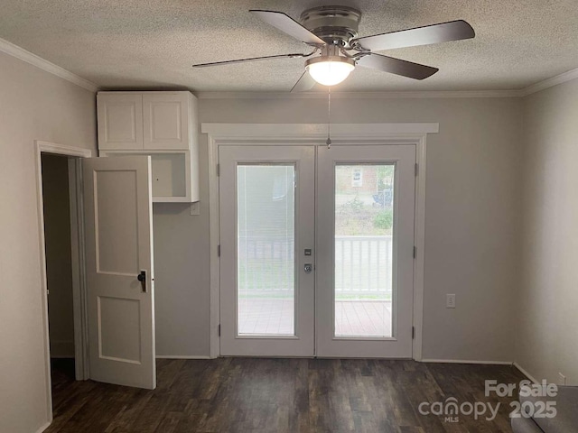 doorway to outside with crown molding, a textured ceiling, ceiling fan, french doors, and dark wood-style floors