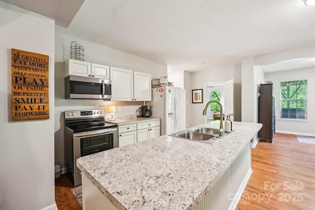 kitchen featuring a sink, baseboards, light wood-style flooring, appliances with stainless steel finishes, and white cabinetry