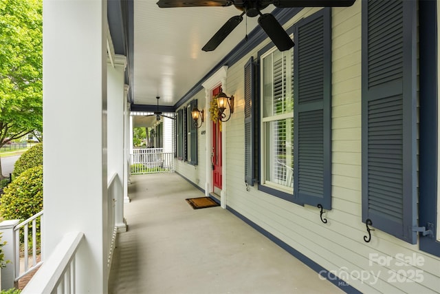view of patio / terrace with a ceiling fan and covered porch
