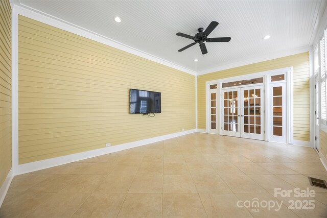 tiled empty room with french doors, visible vents, recessed lighting, and ceiling fan
