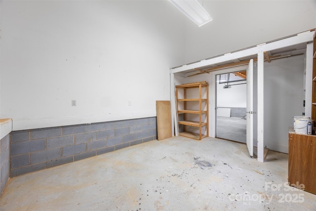 unfinished basement featuring concrete block wall