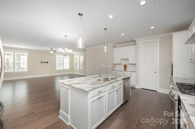 kitchen featuring white cabinets, stainless steel appliances, a sink, and dark wood-style floors