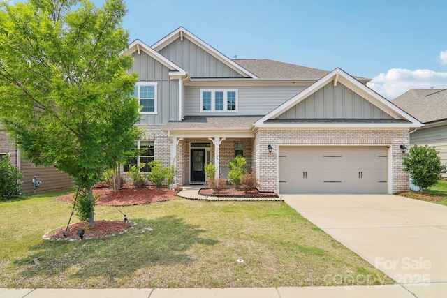 15108 Autumn Sage Dr, Charlotte, NC 28278 - craftsman-style house featuring board and batten siding, brick siding, a front lawn, driveway, and a garage